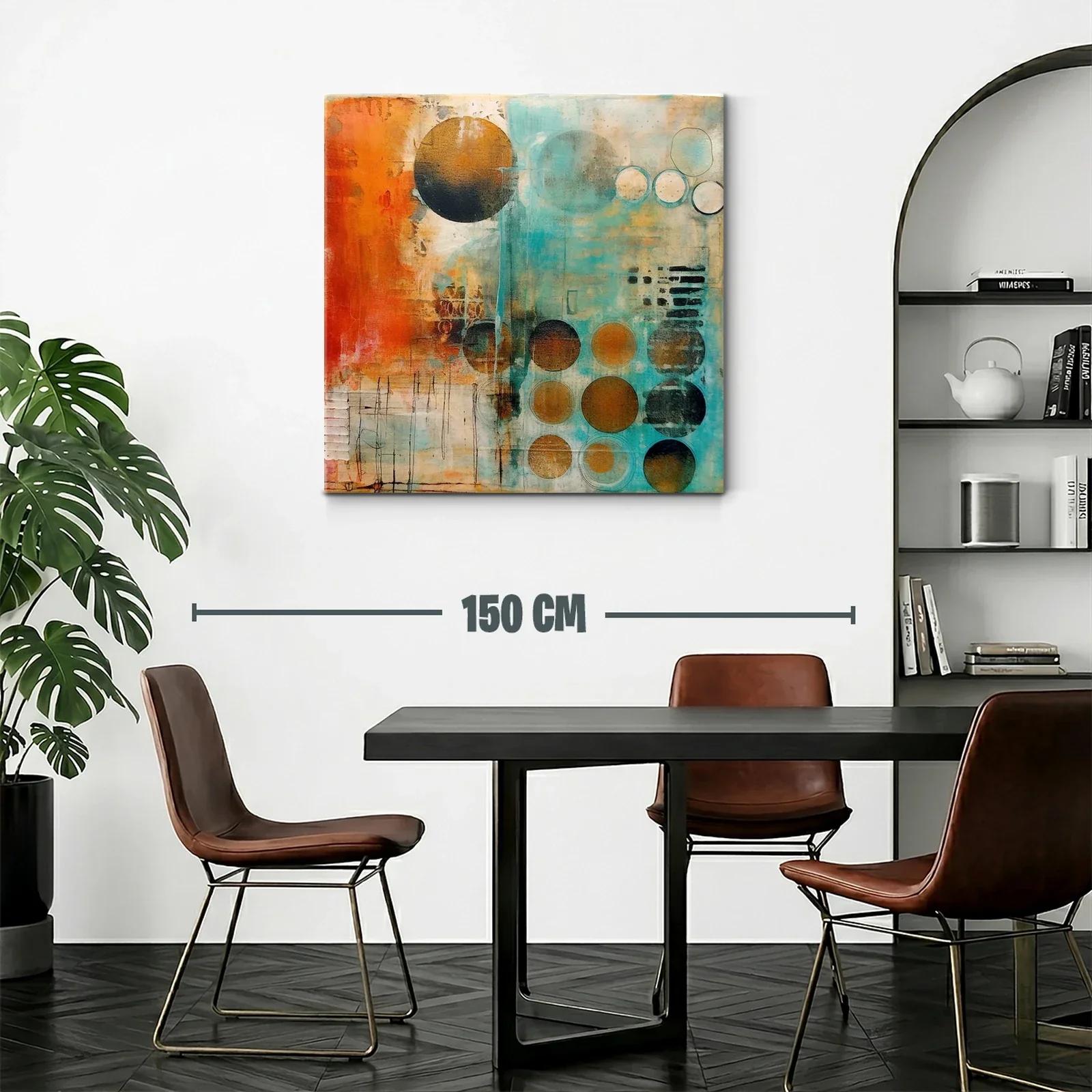 Cuadro abstracto con círculos en tonos cálidos y turquesa — miniatura 2