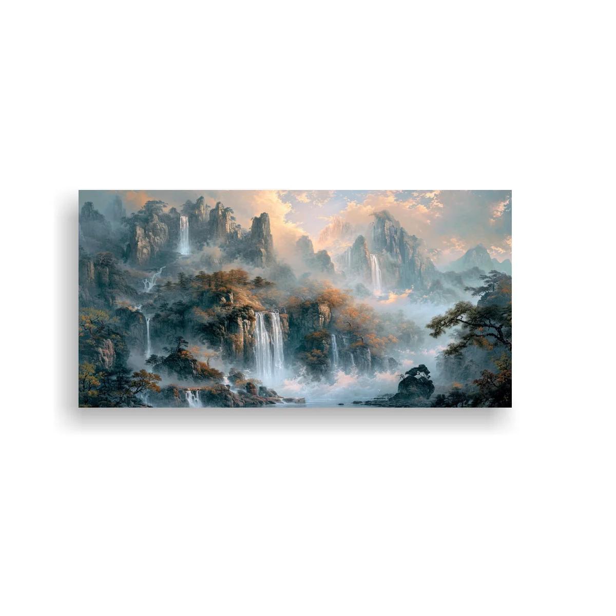 Cuadro paisaje de montañas con cascadas y niebla