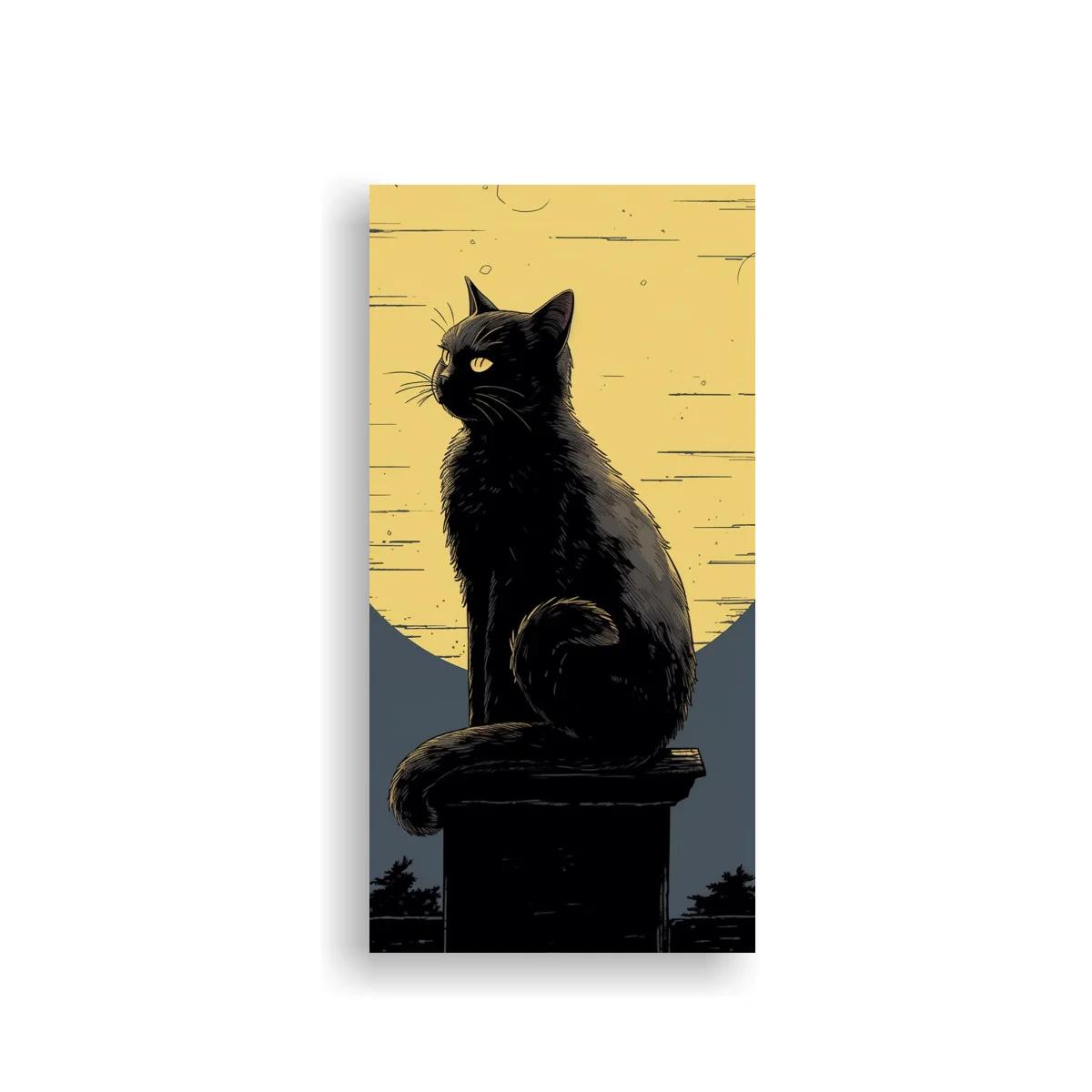 Cuadro gato negro con cola enroscada y luna amarilla