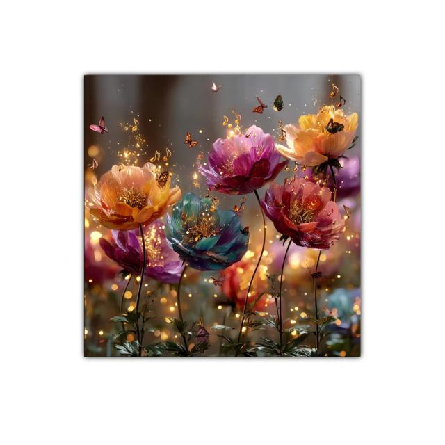 Flores vibrantes con destellos dorados y mariposas en vuelo