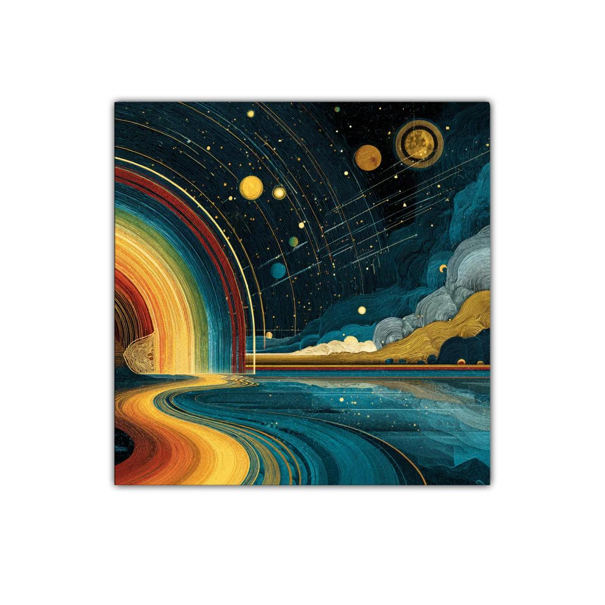 Paisaje cósmico con camino dorado y cielo estrellado