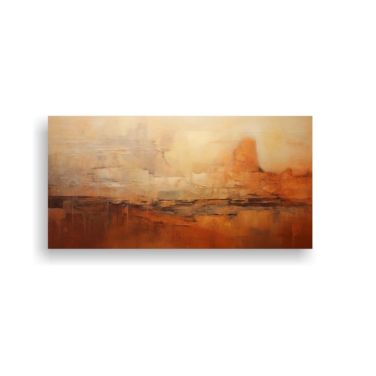 Cuadro paisaje abstracto en tonos tierra con forma rocosa y franjas