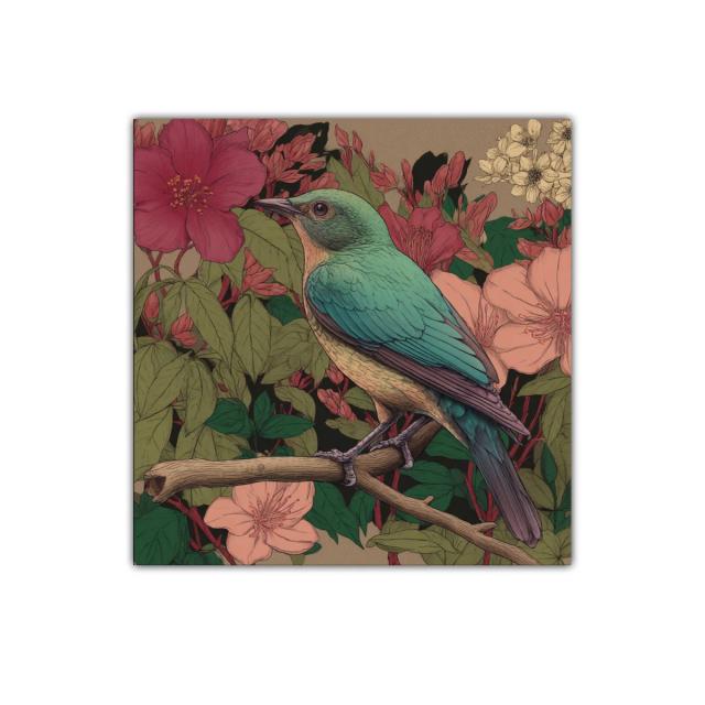 Pájaro colorido entre flores delicadas y hojas verdes