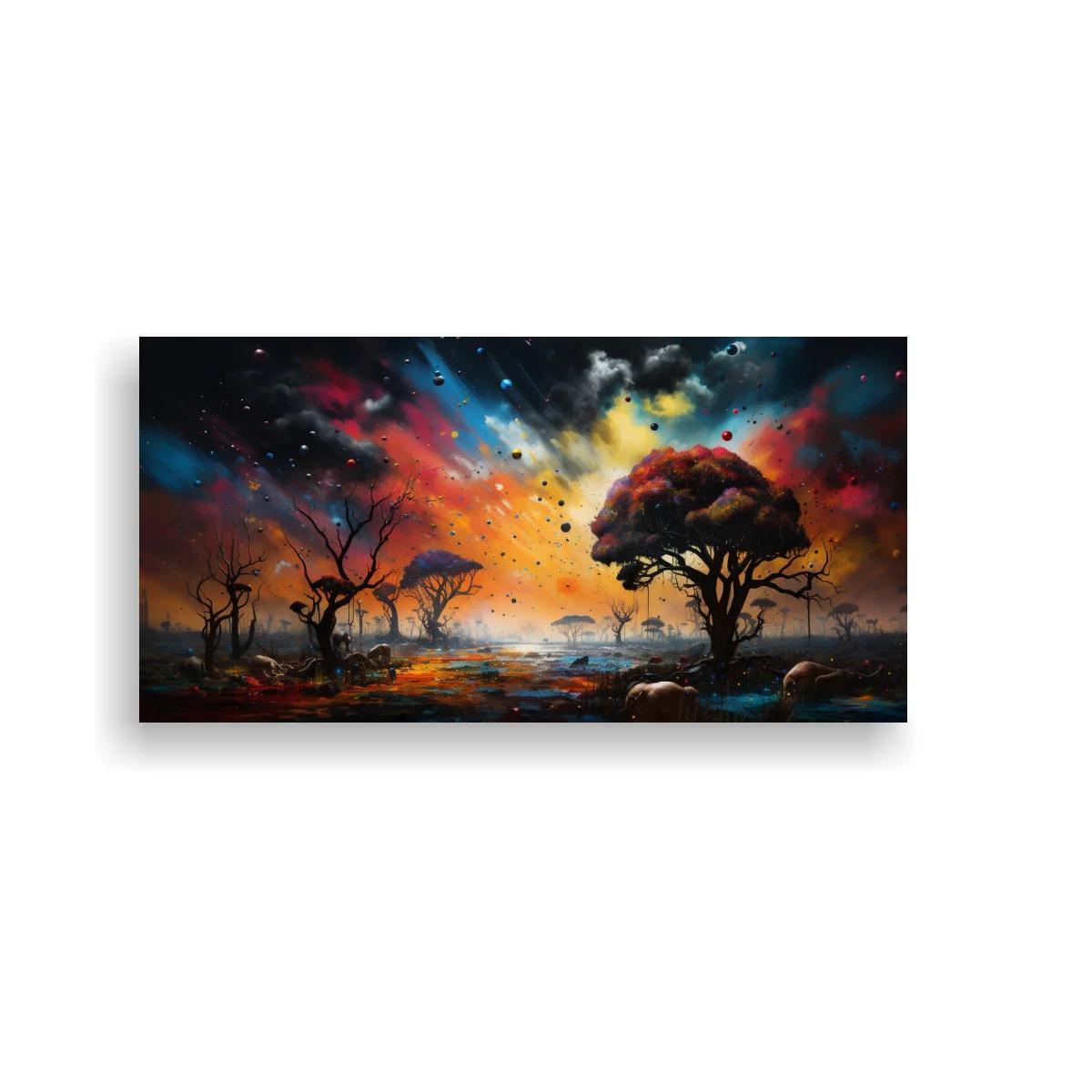 Cuadro paisaje de sabana con árbol frondoso y cielo luminoso