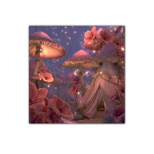 Bosque mágico con setas luminosas y flores rosas encantadoras