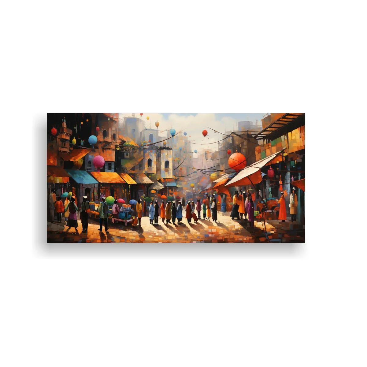 Cuadro mercado callejero urbano con globos rojos y azules