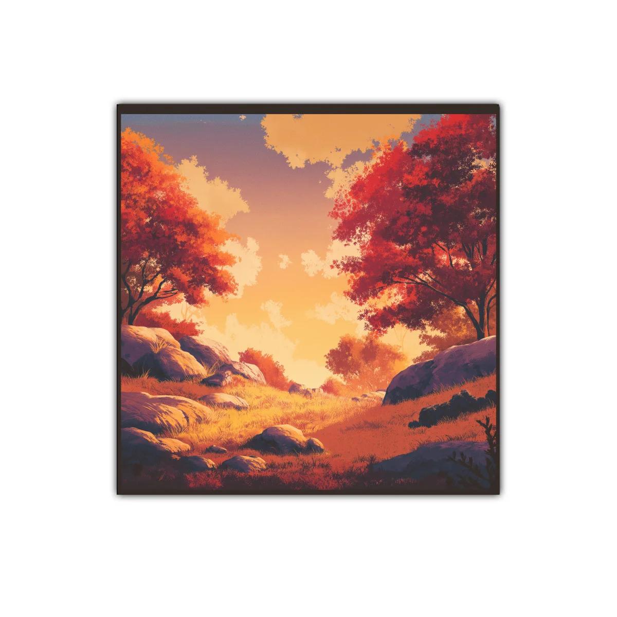 Paisaje otoñal con luz cálida y árboles rojos intensos — imagen principal