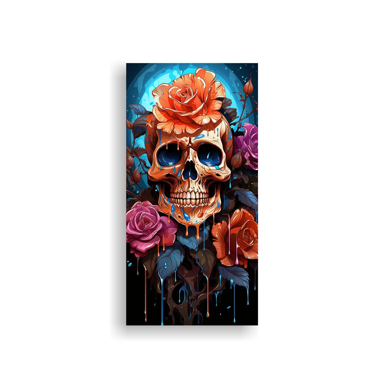 Cuadro calavera con rosas y fondo turquesa