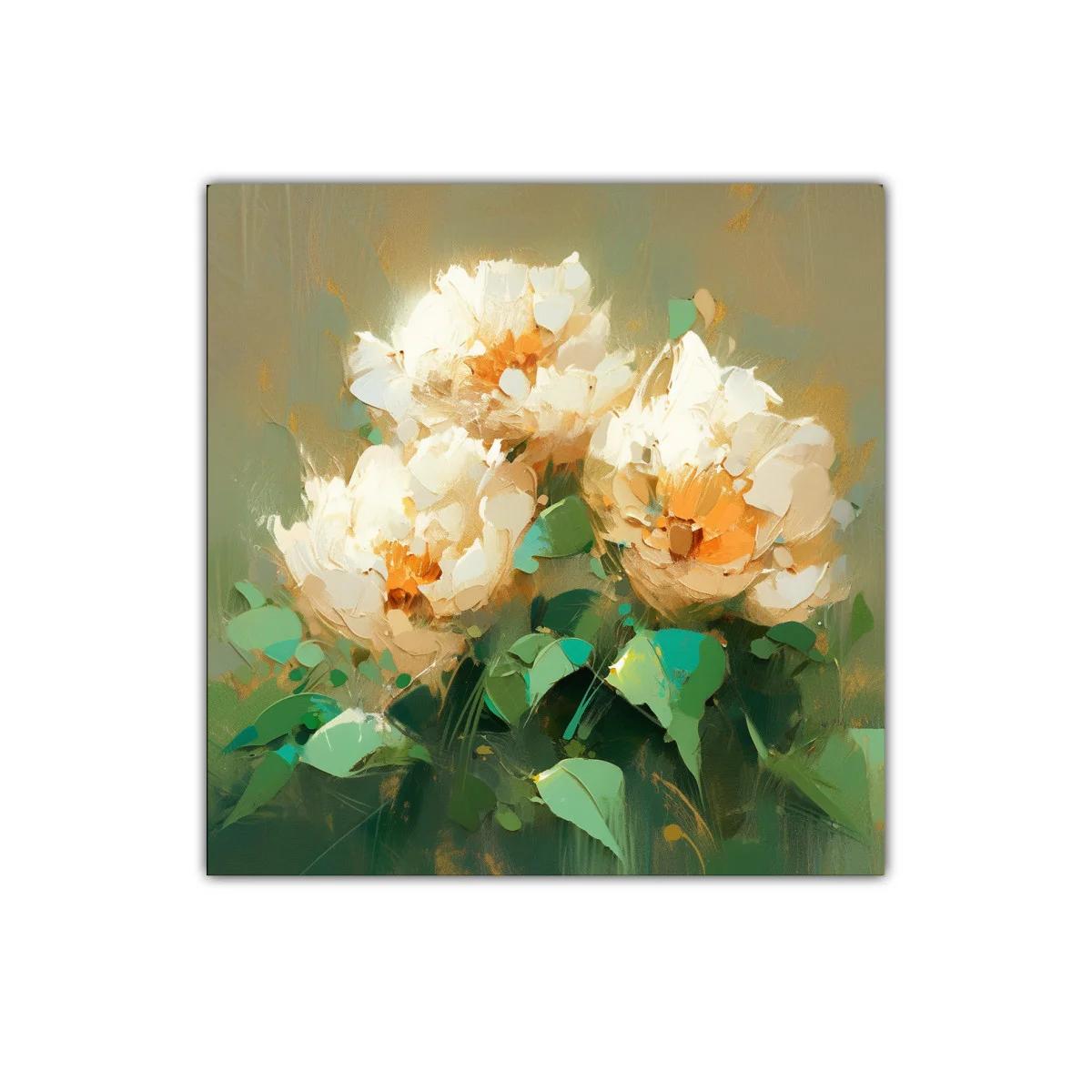 Cuadro con flores blancas y tonos verdes y dorados