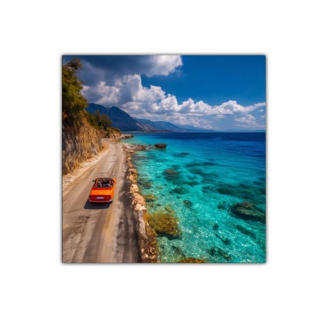 Paisaje costero con coche rojo y mar turquesa brillante