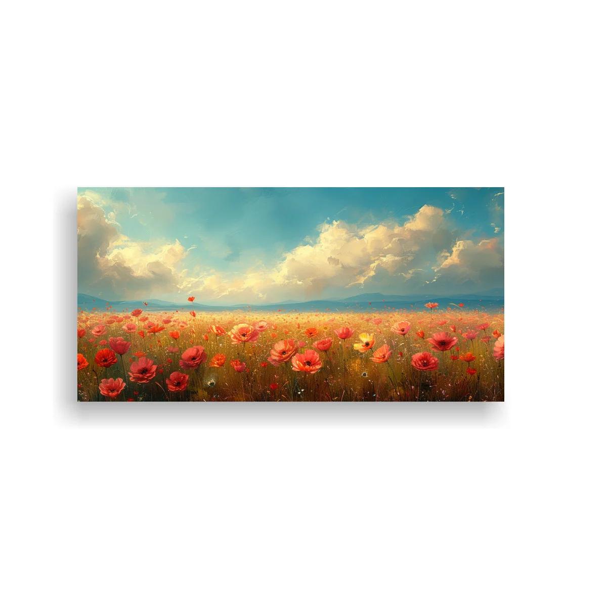 Cuadro campo de amapolas con cielo nublado