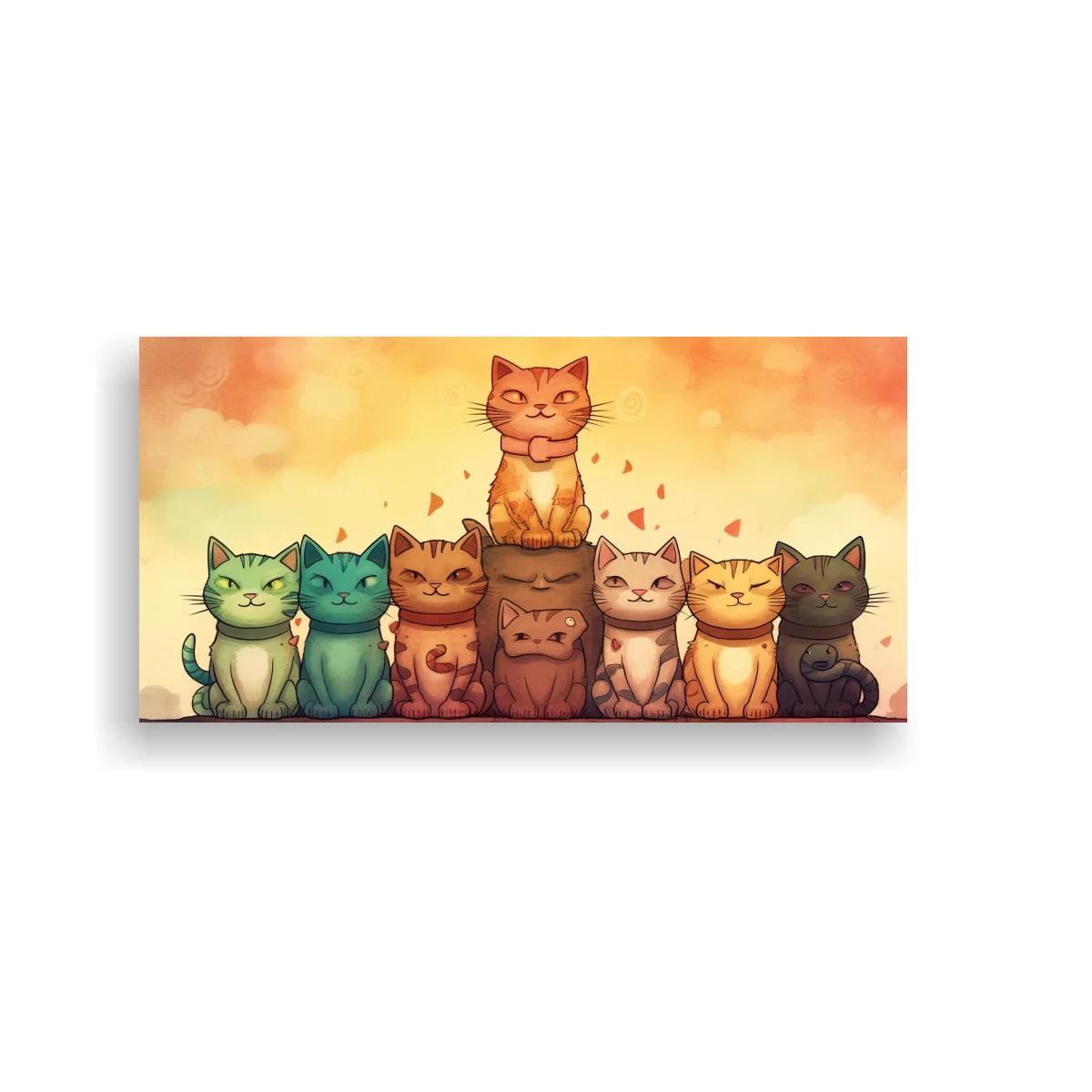 Cuadro fila de gatos sentados con un gatito destacado