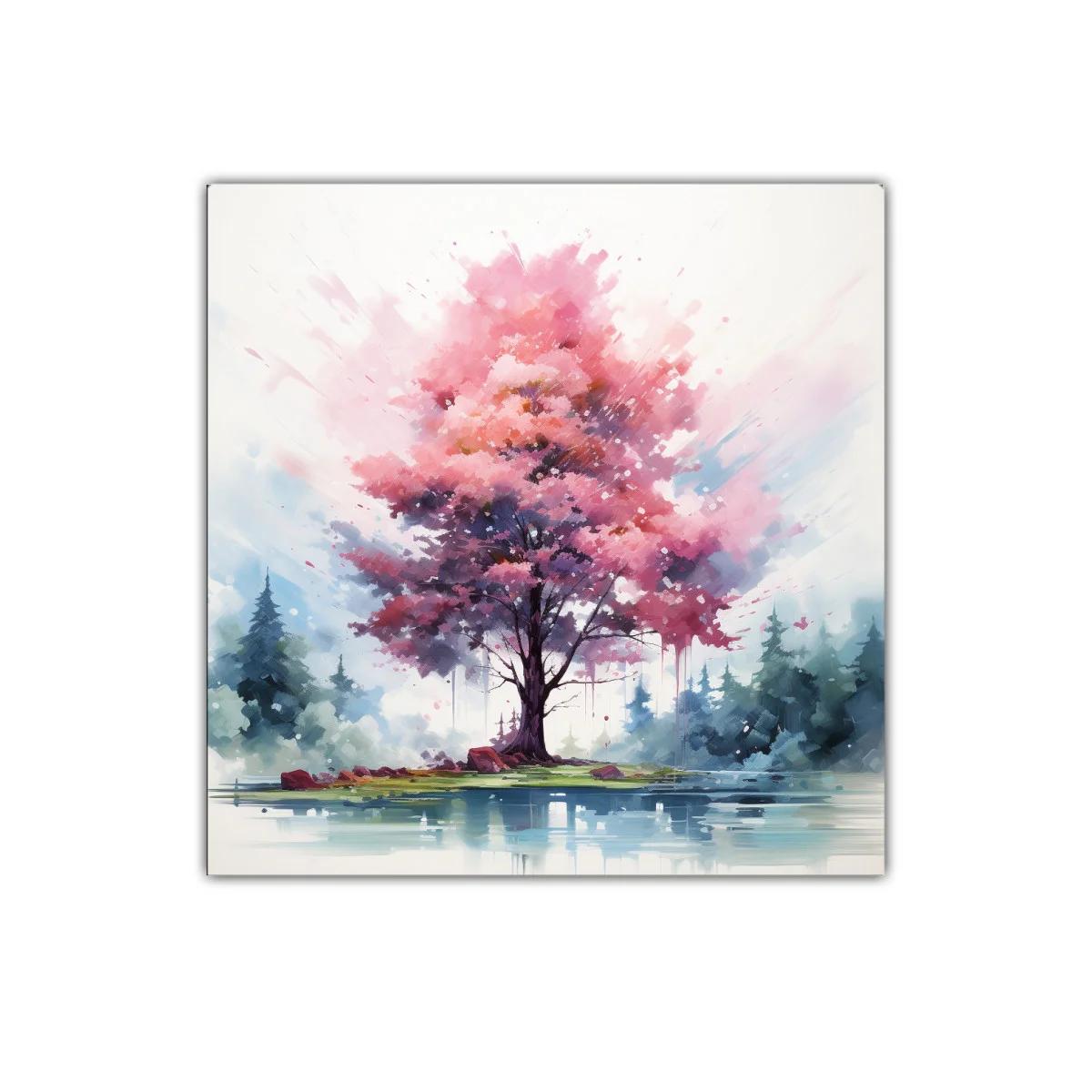Árbol rosa vibrante junto a lago en paisaje sereno — imagen principal