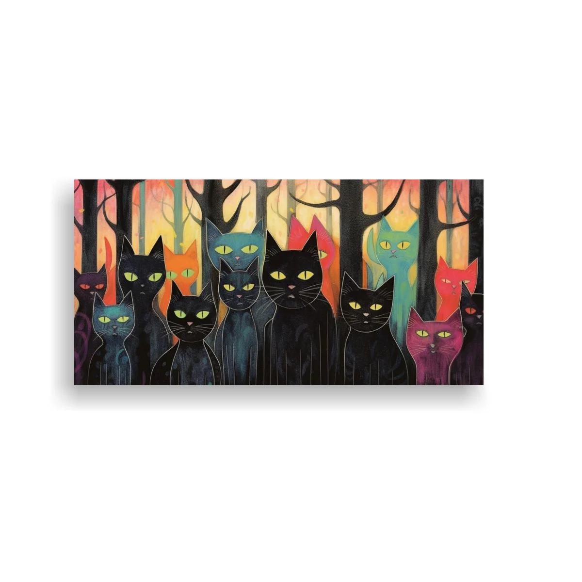 Cuadro grupo de gatos negros entre árboles de colores — imagen principal
