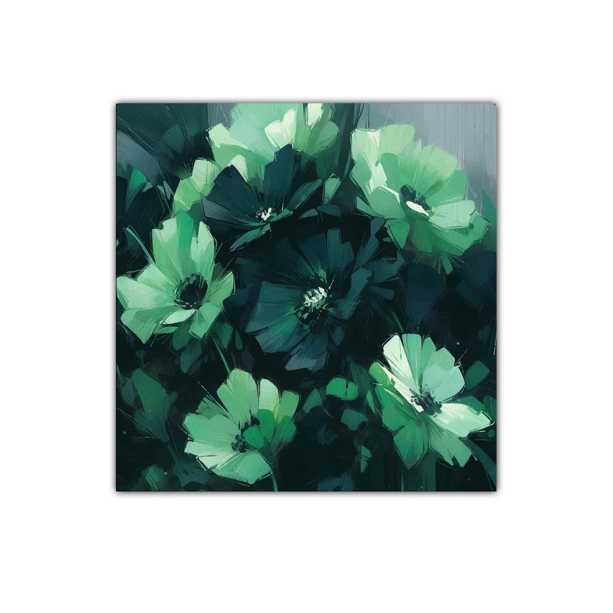 Cuadro floral en tonos verdes y azules oscuros