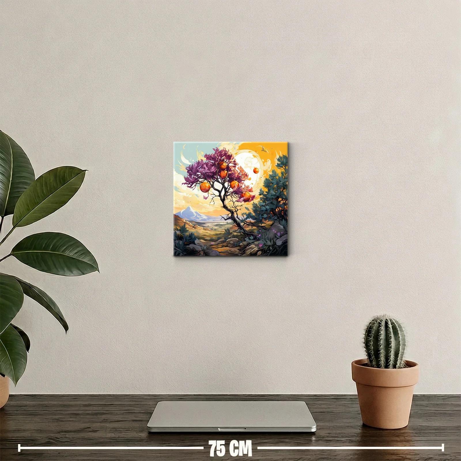Paisaje surrealista con árbol de frutos naranjas vibrantes — miniatura 2
