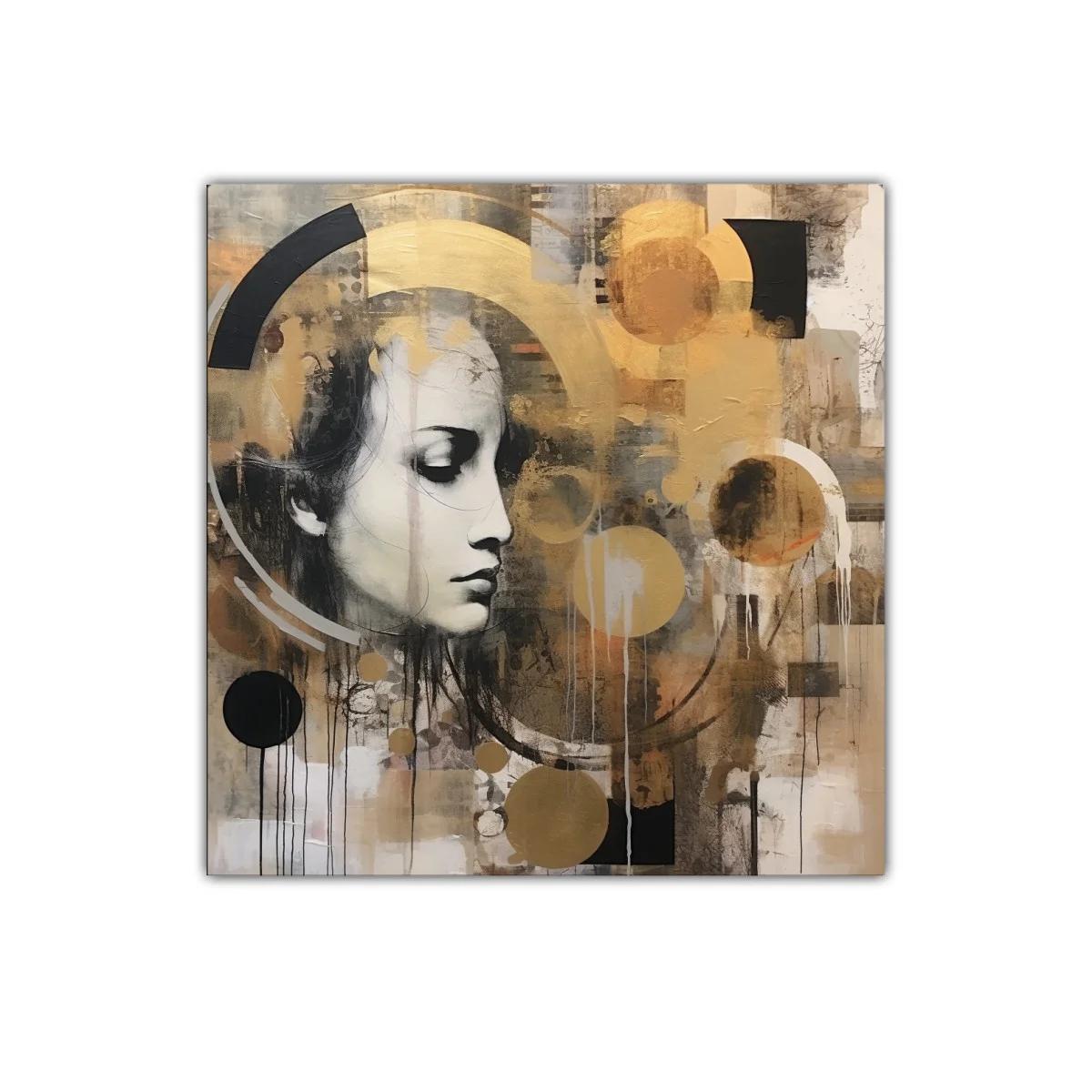 Retrato femenino con formas geométricas en tonos dorados y negros — imagen principal