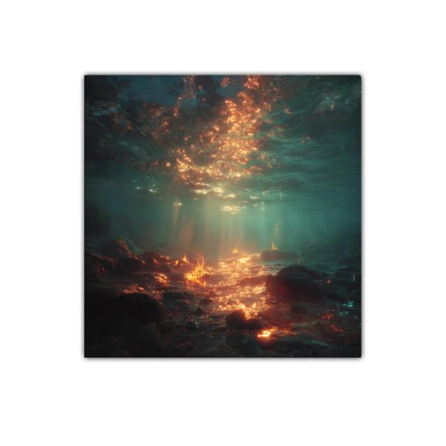 Paisaje submarino con destellos de luz dorada brillante