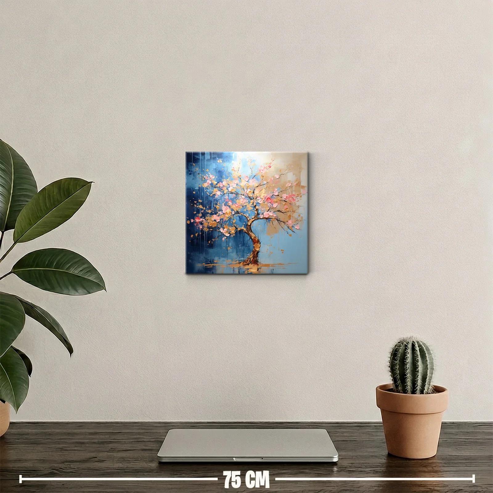 Árbol florido con tonos rosas y dorados sobre fondo azul — miniatura 2