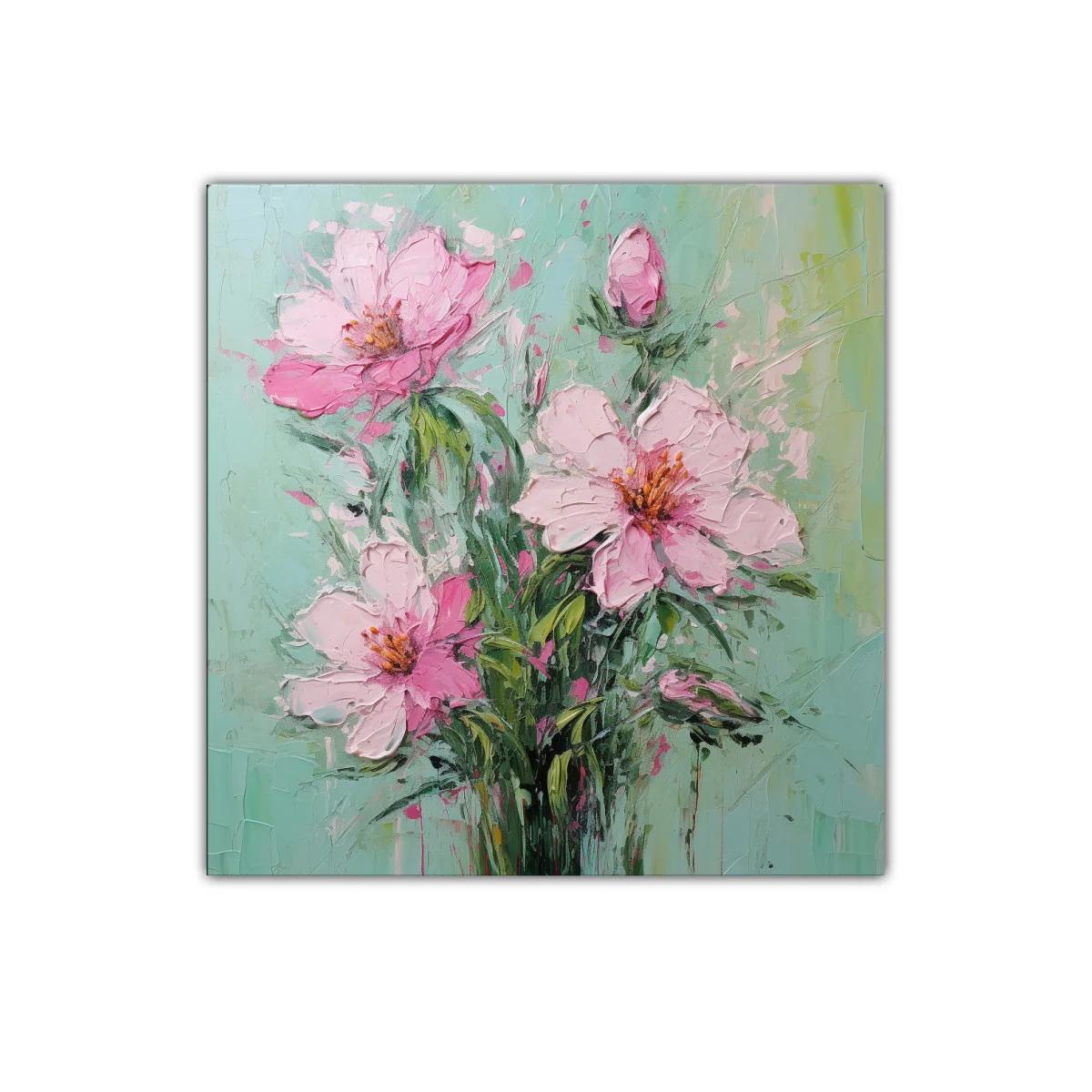 Cuadro decorativo con flores rosas sobre fondo verde pastel — imagen principal