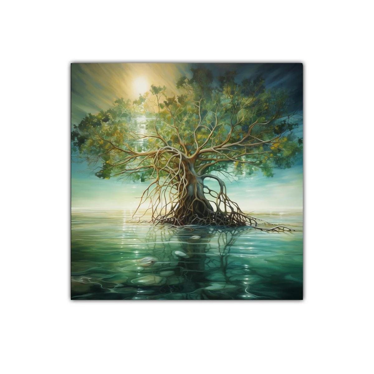Árbol solitario sobre aguas tranquilas en tonos naturales — imagen principal