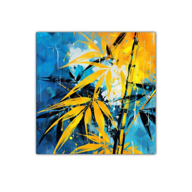 Cuadro artístico de hojas amarillas sobre fondo azul vibrante