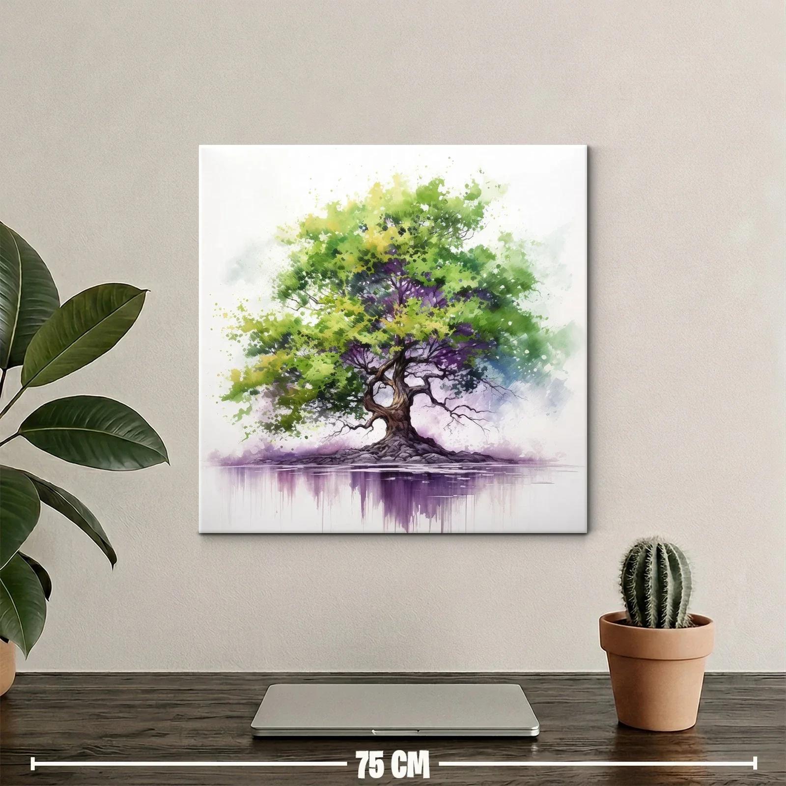 Árbol vibrante con tonos verdes y morados sobre reflejo acuático — miniatura 2