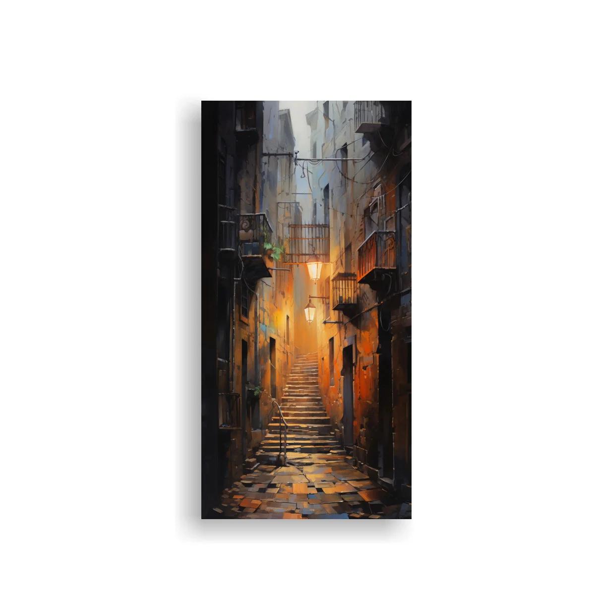Cuadro callejón urbano con escaleras y farol cálido — imagen principal