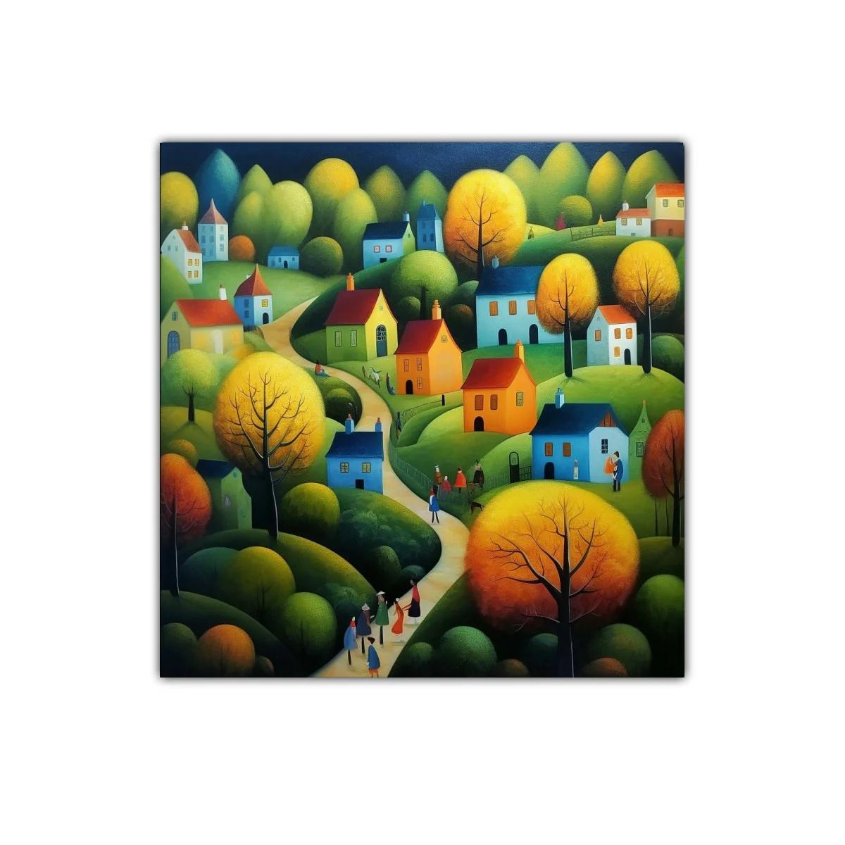 Paisaje de pueblo con tonos cálidos y verdes vibrantes