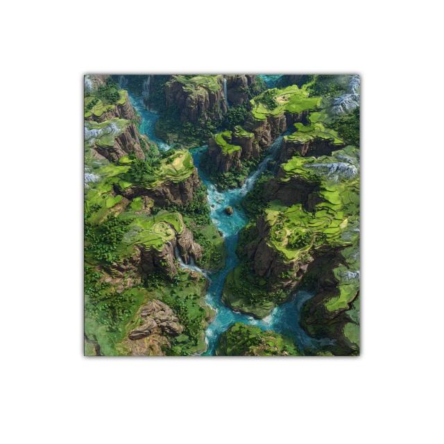Cañón verde con río azul serpenteante y acantilados rocosos