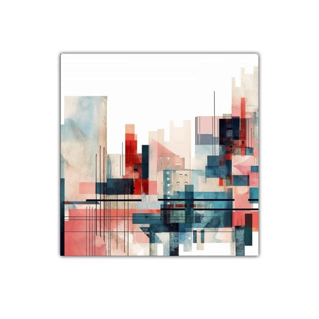 Composición abstracta urbana con tonos cálidos y fríos