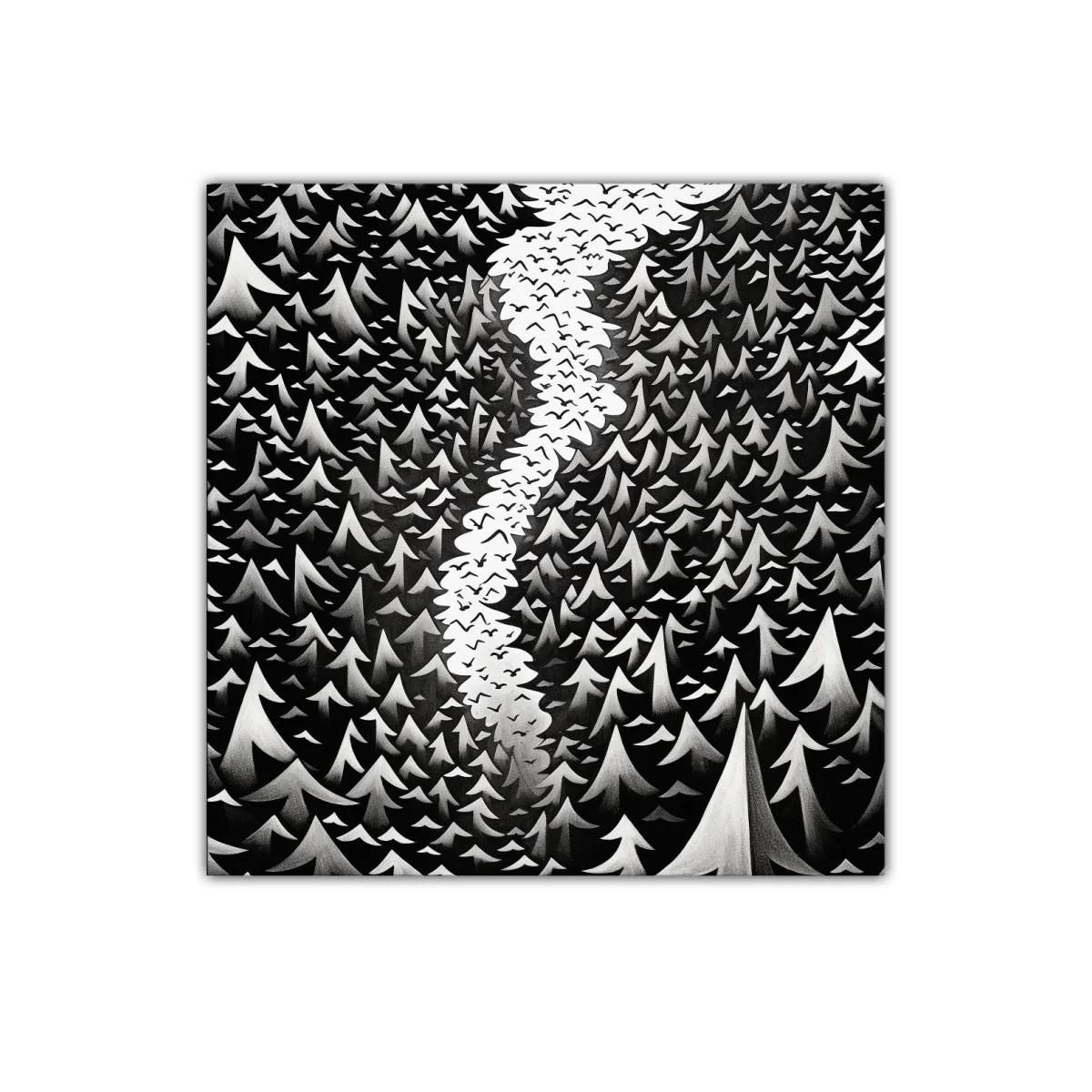 Bosque en blanco y negro con cielo lleno de aves