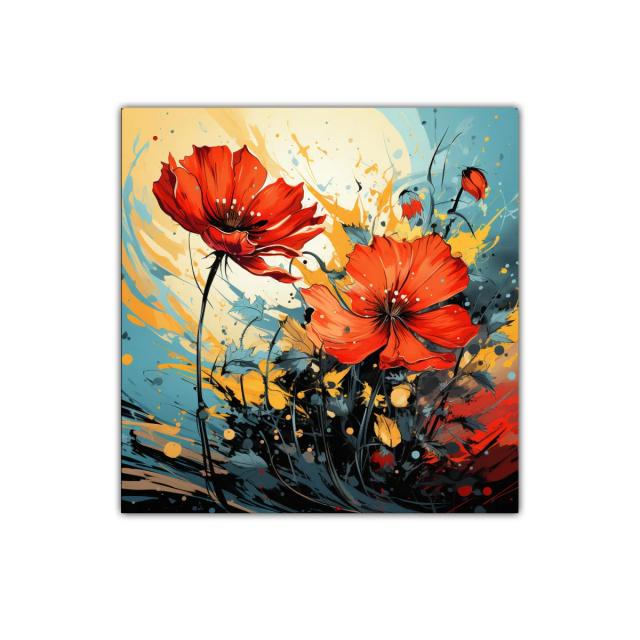 Cuadro decorativo vibrante con flores rojas y fondo dinámico