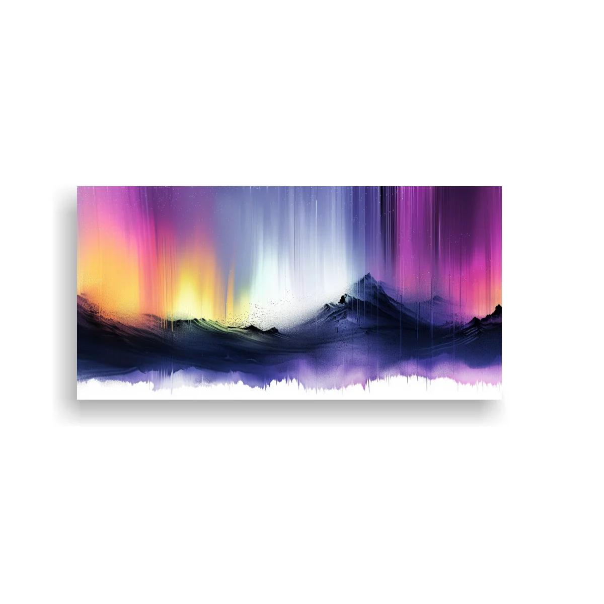 Cuadro aurora boreal sobre montañas con cortinas de luz vertical