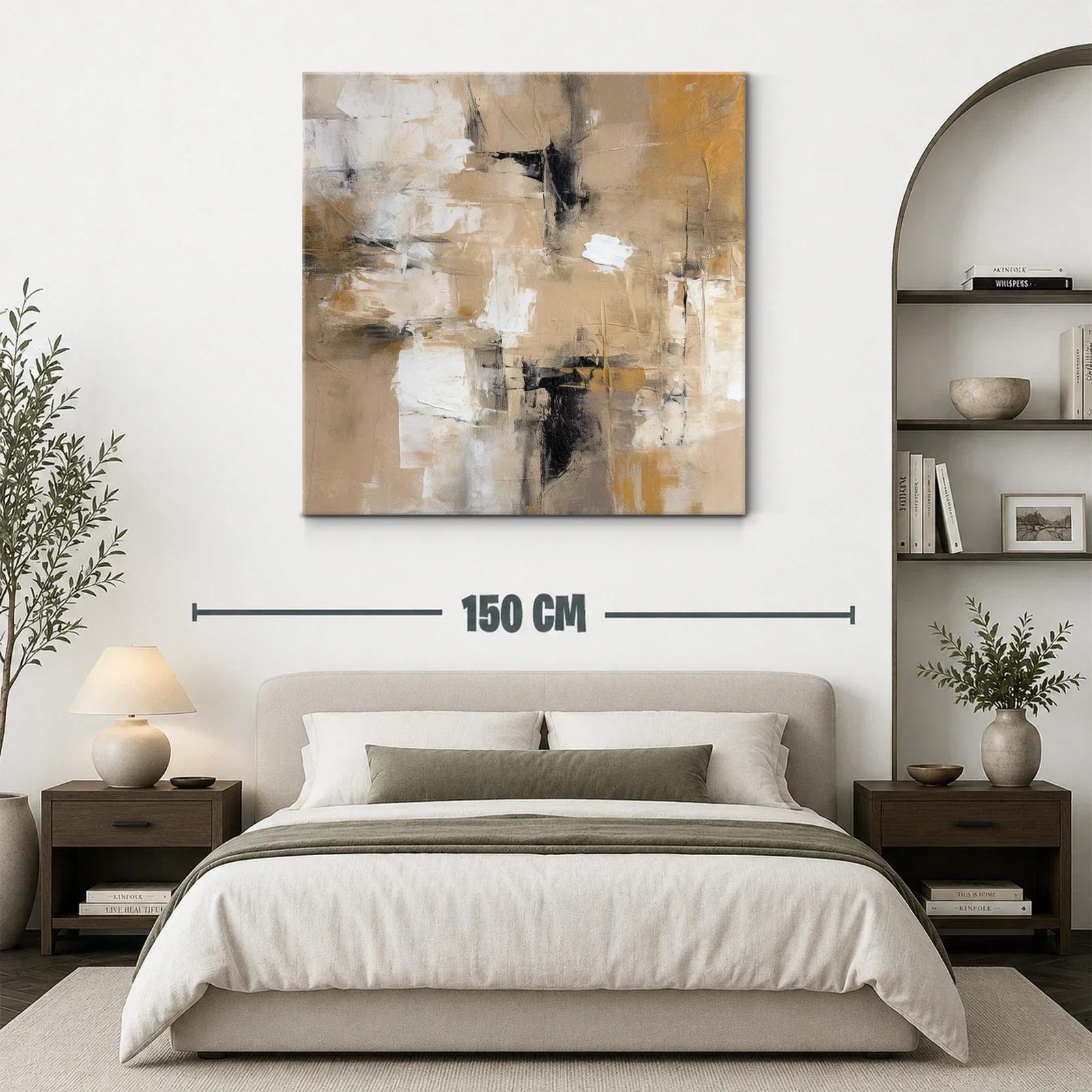 Cuadro abstracto en tonos beige y ocres con contraste negro — miniatura 3