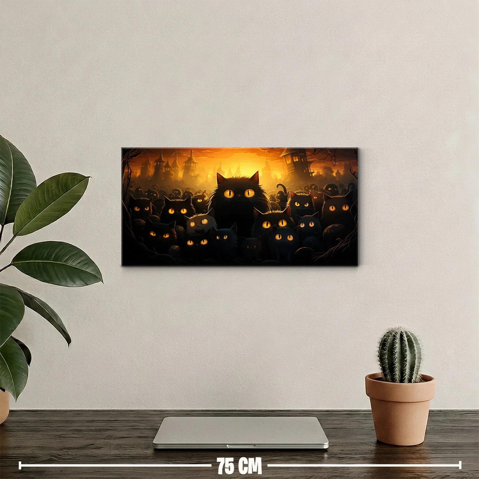Cuadro grupo de gatos negros con ojos brillantes y castillo naranja — miniatura 2