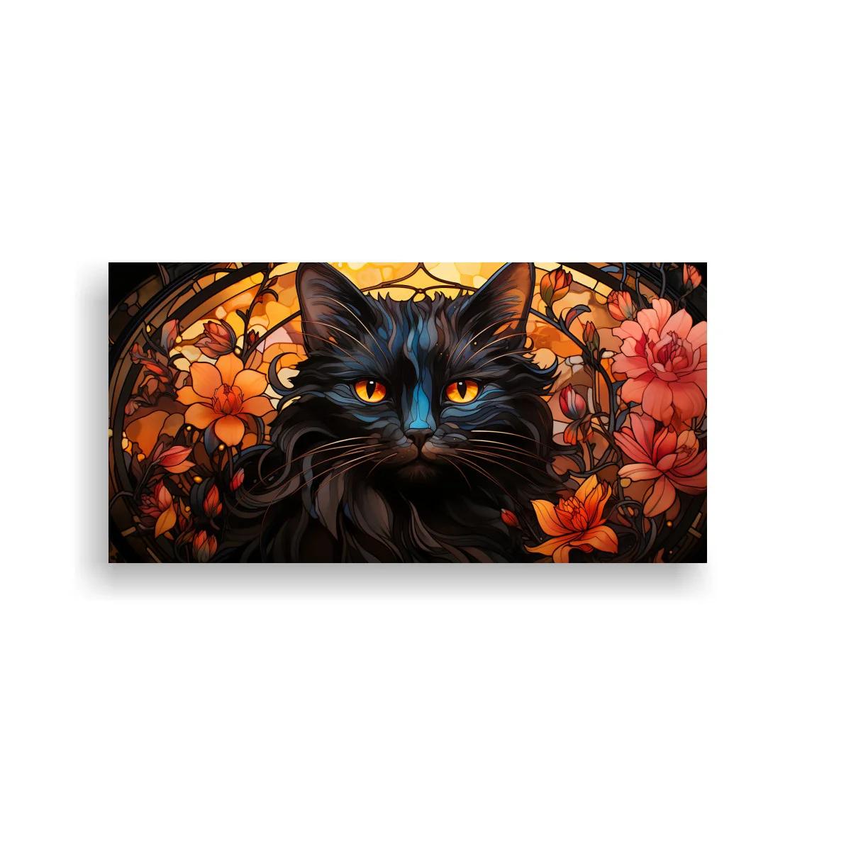Cuadro gato negro de ojos ámbar con marco floral orgánico