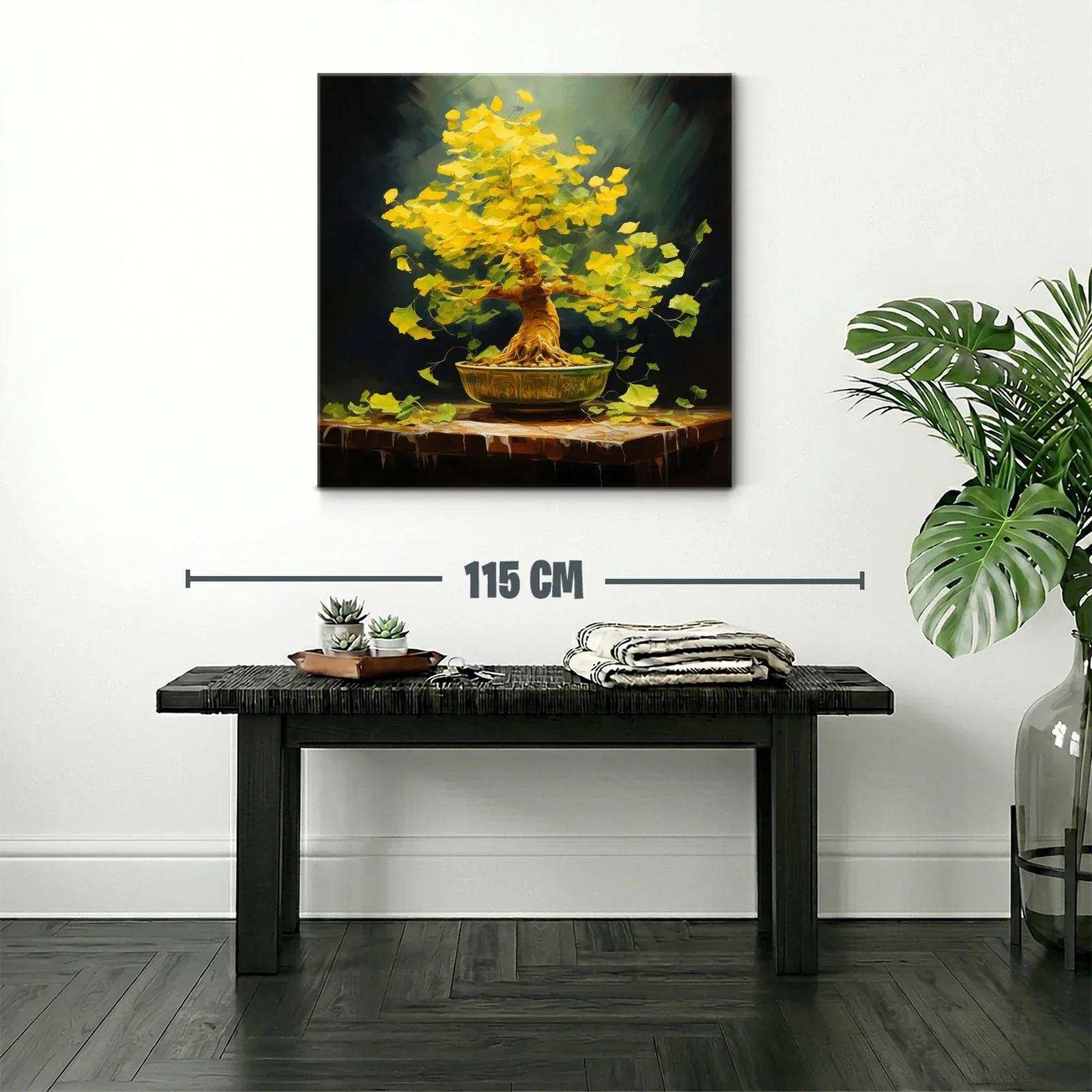 Árbol bonsái con hojas doradas vibrantes sobre mesa rústica — miniatura 2