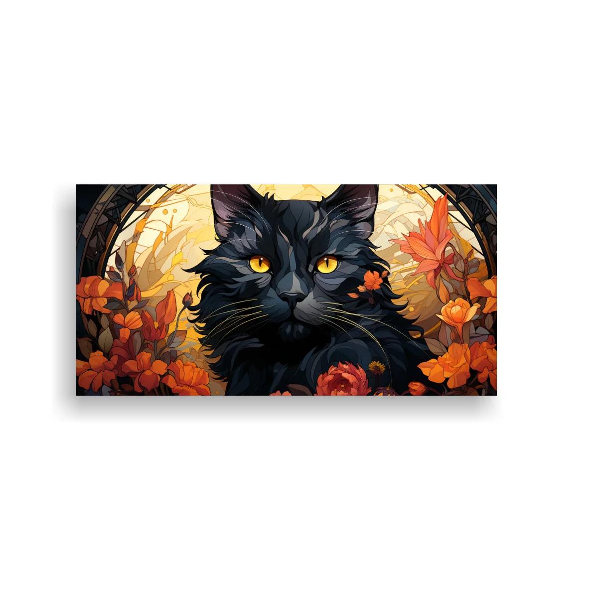 Cuadro gato negro de ojos ámbar con marco floral luminoso