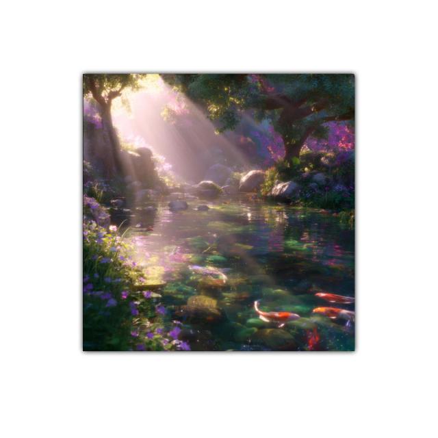 Río encantado con carpas y luz dorada al amanecer