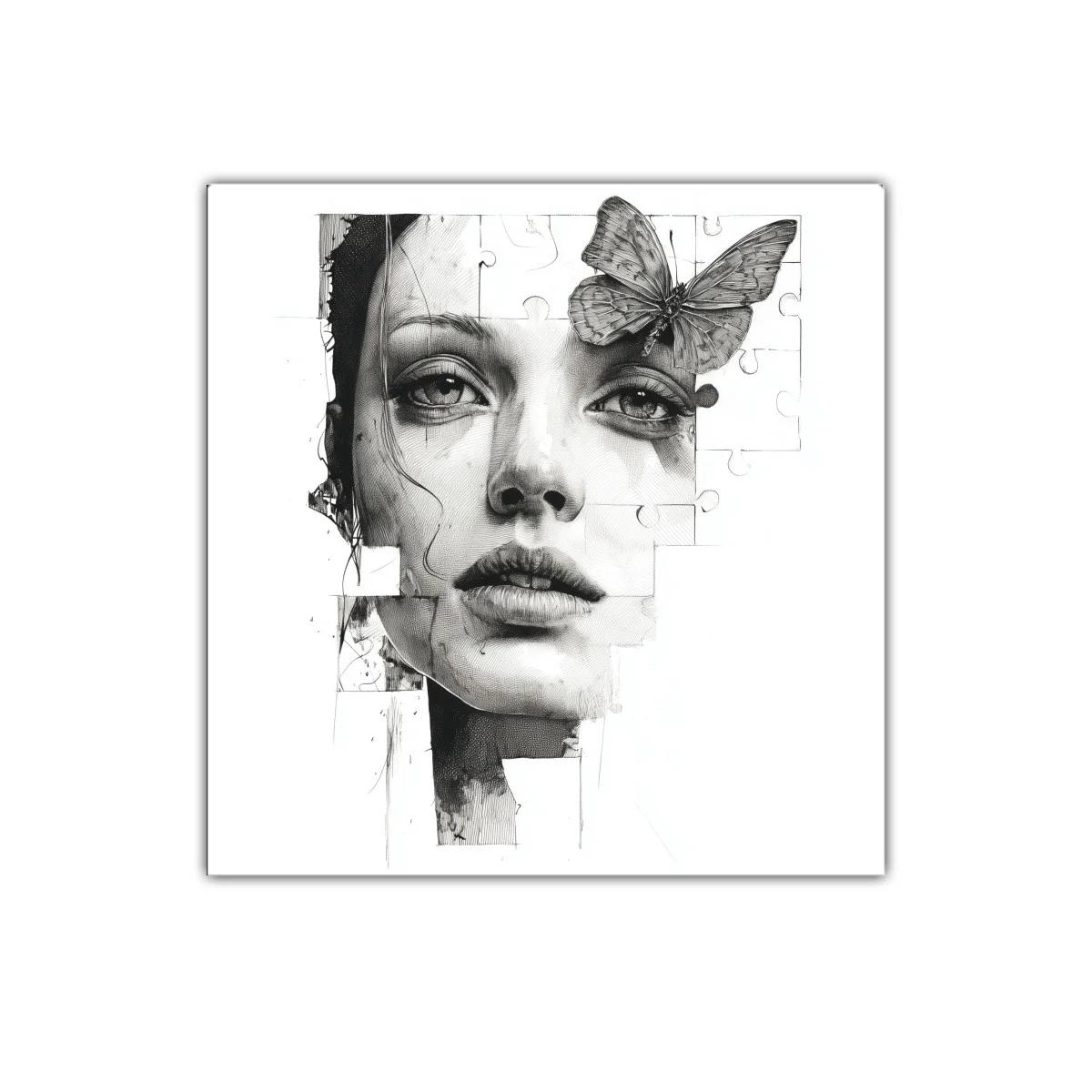 Retrato femenino con mariposa en diseño de rompecabezas