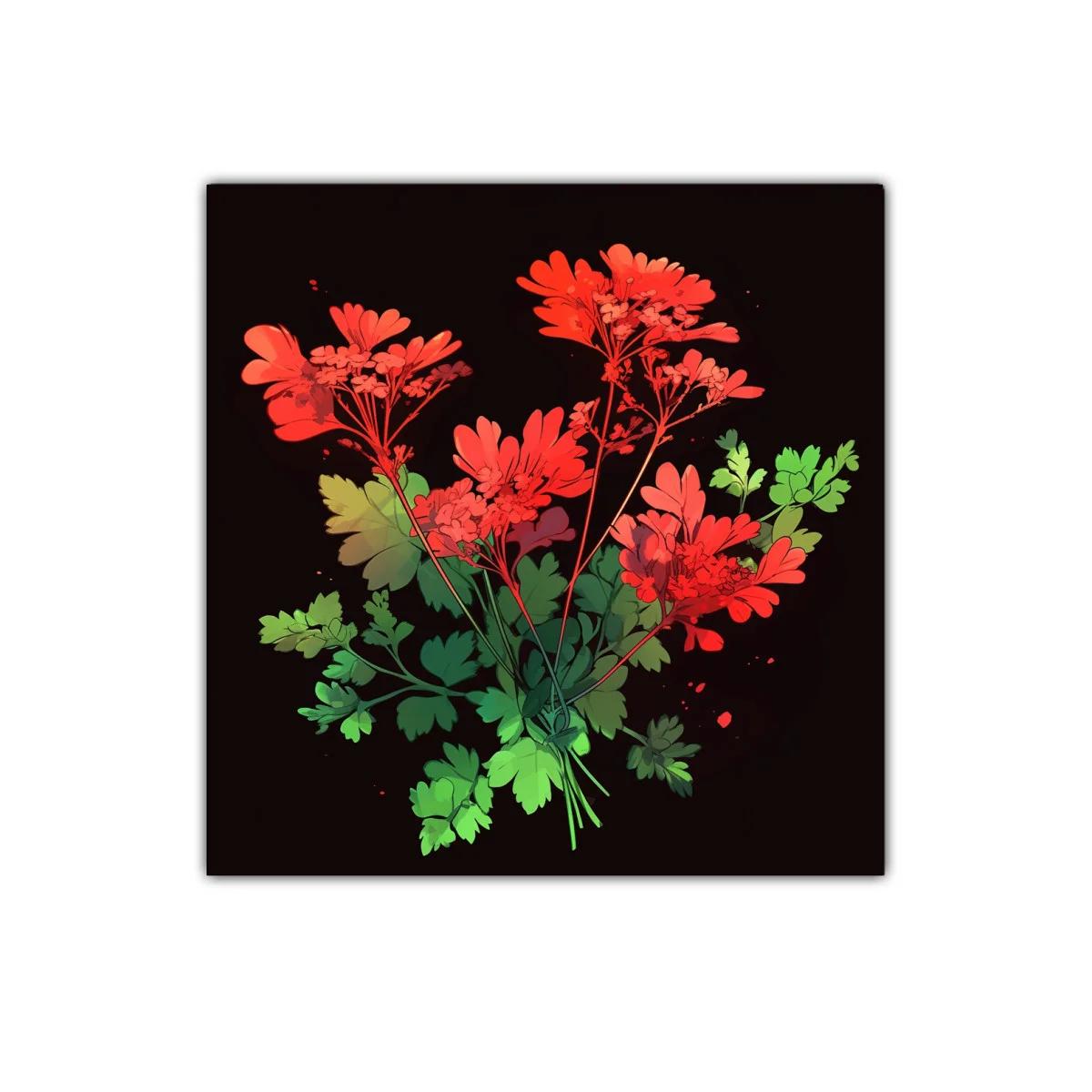 Ramo vibrante de flores rojas y hojas verdes sobre fondo oscuro — imagen principal