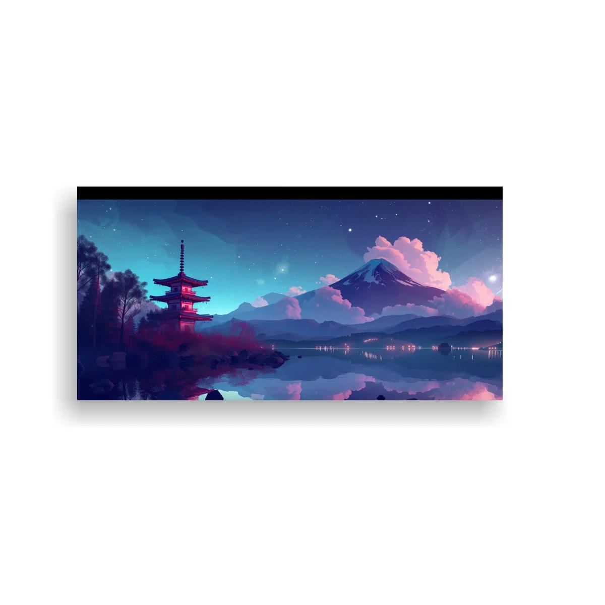 Cuadro monte Fuji con pagoda y reflejo en el lago