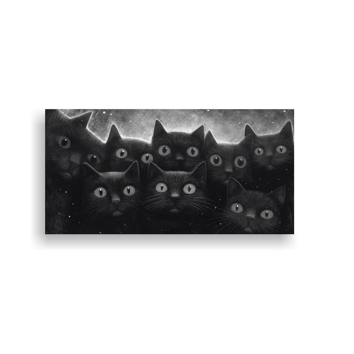 Cuadro grupo de gatos negros asomando sobre un fondo oscuro