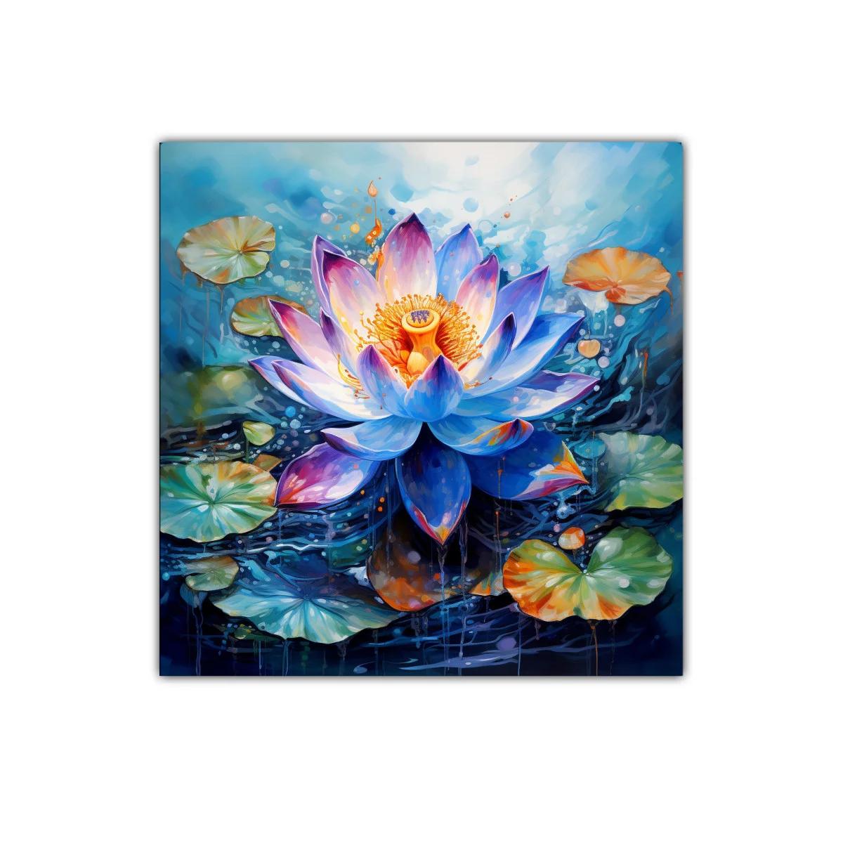 Flor de loto vibrante con hojas verdes y fondo acuático