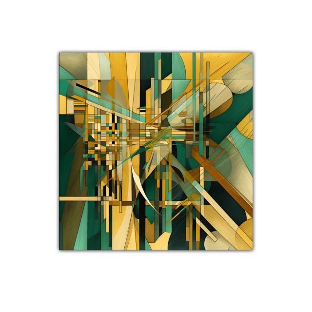 Composición abstracta en tonos verdes y dorados vibrantes