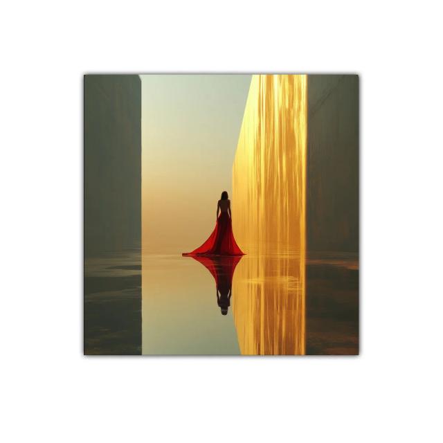 Figura femenina en vestido rojo entre muros dorados reflejados