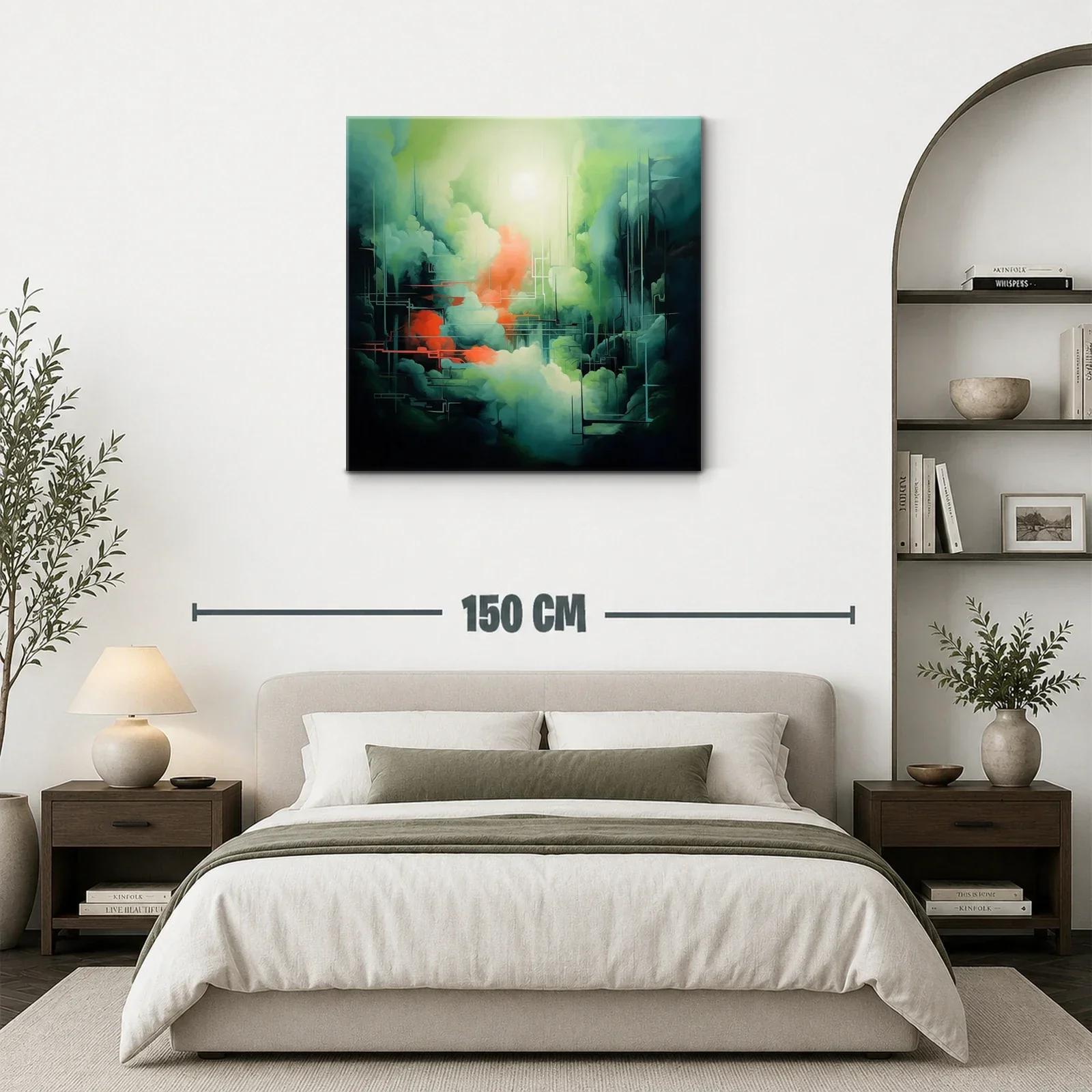 Cuadro abstracto con tonos verdes y toques cálidos vibrantes — miniatura 3
