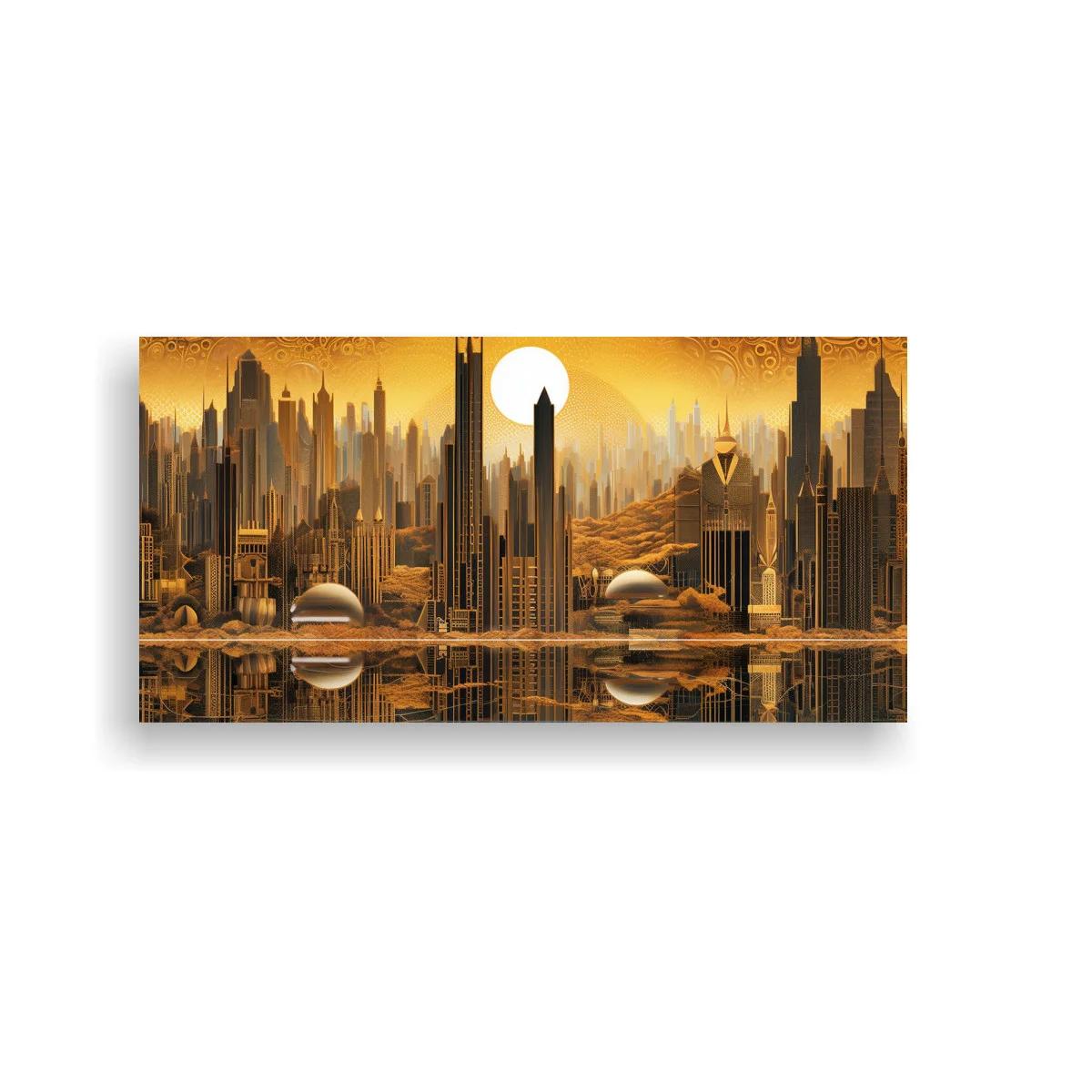 Cuadro ciudad futurista con sol dorado y reflejo en el agua