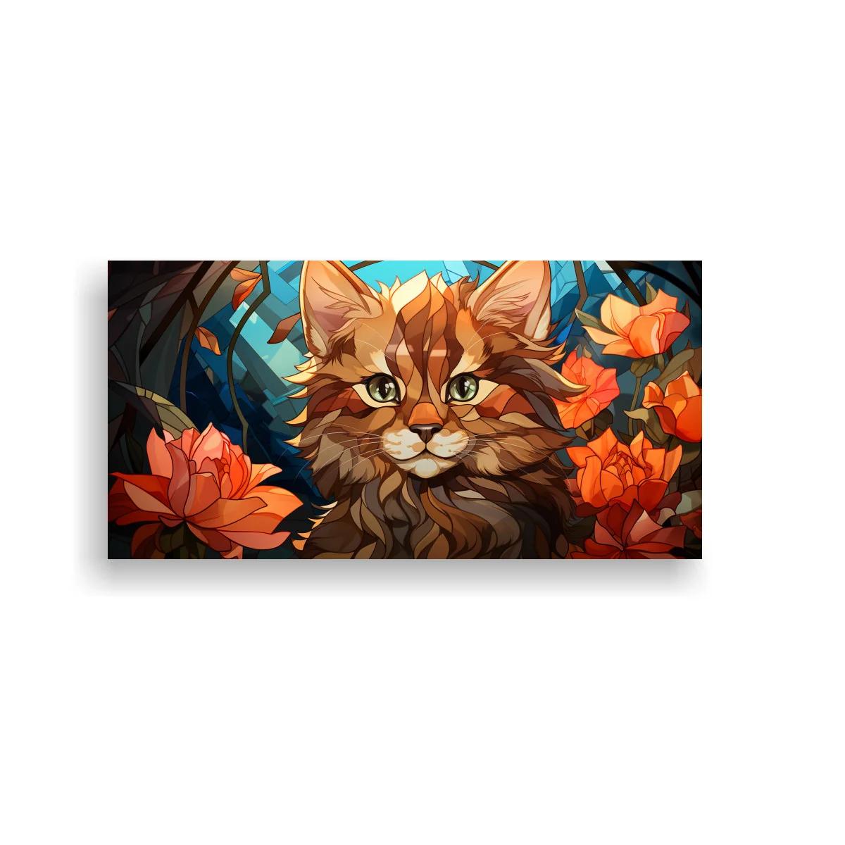 Cuadro gato atigrado de pelo largo entre flores y follaje